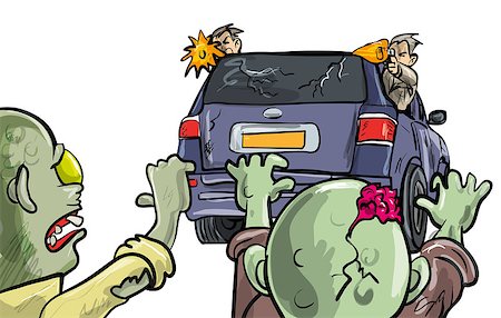 Two undead zombies pusuing a car during the Apocalypse intent on destruction with two men leaning out of the windows firing handguns at them as they stay on the move to survive Stock Photo - Budget Royalty-Free & Subscription, Code: 400-06745751