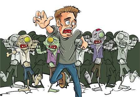 Large crowd of ghoulish undead zombies pursue a running man fleeing for his lfe after they find a lone survivor of the Zombie Apocalypse, cartoon illustration Stock Photo - Budget Royalty-Free & Subscription, Code: 400-06745752