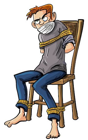 Cartoon illustration of a barefoot angry scowling young man tied to a chair with ropes around his ankles and arms isolated on white Stock Photo - Budget Royalty-Free & Subscription, Code: 400-06745753