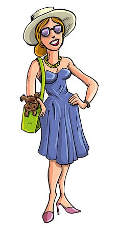 fashion dog cartoon - Glamorous blond lady in a stylish summer outfit carrying a small toy dog in her handbag, cartoon illustration isolated o white Stock Photo - Budget Royalty-Free & Subscription, Code: 400-06745762