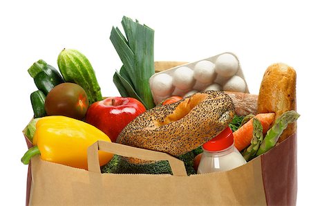 Groceries Bag with Vegetables, Bread, Greens, Fruits, Bottle of Milk and Container of Eggs isolated on white background Stock Photo - Budget Royalty-Free & Subscription, Code: 400-06745986