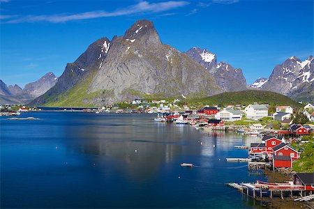 simsearch:400-07087598,k - Scenic town of Reine by the fjord on Lofoten islands in Norway on sunny summer day Stock Photo - Budget Royalty-Free & Subscription, Code: 400-06746013