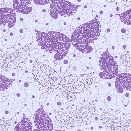 simsearch:400-07061067,k - Spring gray-blue seamless pattern with transparent violet butterflies and curls (vector EPS 10) Foto de stock - Super Valor sin royalties y Suscripción, Código: 400-06746458