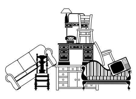 Illustration of a pile of furniture. Could be used for home insurance related or house clearance and moving home. Foto de stock - Super Valor sin royalties y Suscripción, Código: 400-06746460