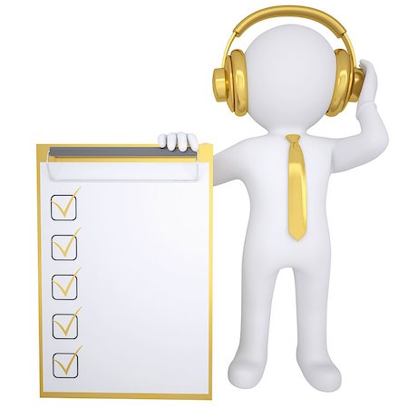 simsearch:400-04842256,k - 3d white man in gold headphones keeps checklist. Isolated render on a white background Photographie de stock - Aubaine LD & Abonnement, Code: 400-06746958