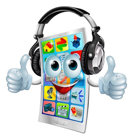 funny adult icon - A cell phone cartoon mascot with big headphones on listening to music and giving a double thumbs up. Stock Photo - Budget Royalty-Free & Subscription, Code: 400-06747473