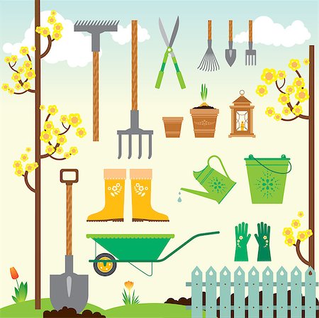 shovel in dirt - Cute spring gardening set Foto de stock - Super Valor sin royalties y Suscripción, Código: 400-06747538