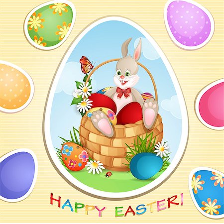 Easter greeting card with cute bunny in basket with Easter eggs Stock Photo - Budget Royalty-Free & Subscription, Code: 400-06747542