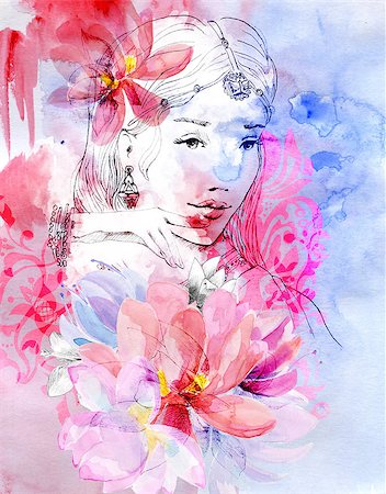 flower layers - Beautiful girl with a bouquet of flowers. Watercolor illustration Stock Photo - Budget Royalty-Free & Subscription, Code: 400-06747568
