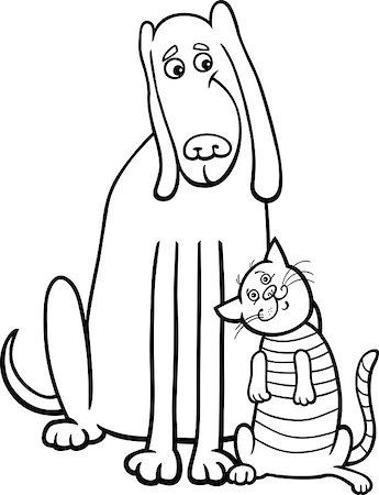 simsearch:400-07296493,k - Black and White Cartoon Illustration of Funny Dog and Cute Tabby Cat in Friendship for Coloring Book Photographie de stock - Aubaine LD & Abonnement, Code: 400-06747686