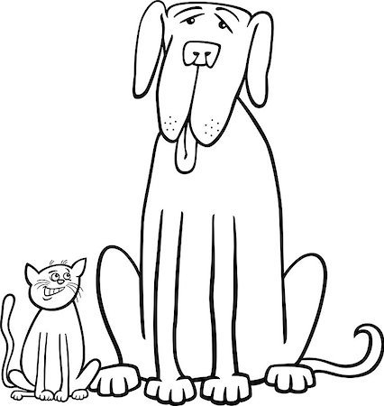 simsearch:400-09097342,k - Black and White Cartoon Illustration of Cute Small Cat and Funny Big Dog or Great Dane in Friendship for Coloring Book Stock Photo - Budget Royalty-Free & Subscription, Code: 400-06747725