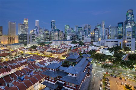 singapore building in the evening - Singapore City Central Business District (CBD) Over Chinatown Area with Old Houses and Chinese Temple at Blue Hour Stock Photo - Budget Royalty-Free & Subscription, Code: 400-06748027