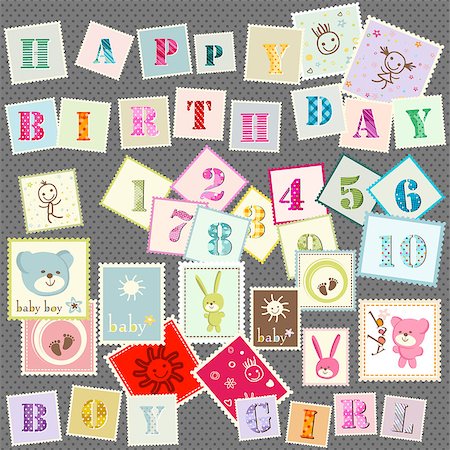 baby postage cute set of letters, numbers and various elements Stock Photo - Budget Royalty-Free & Subscription, Code: 400-06748114