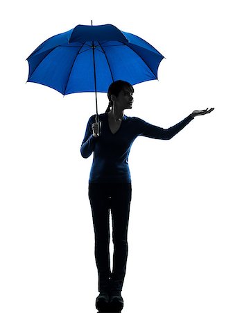 silhouette girl with umbrella - one caucasian woman holding umbrella umbrella palm gesture   in silhouette studio isolated on white background Stock Photo - Budget Royalty-Free & Subscription, Code: 400-06748300