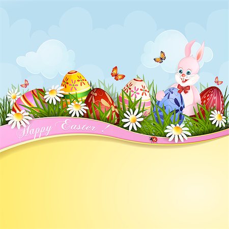 Easter greeting card with cute bunny and Easter eggs Stock Photo - Budget Royalty-Free & Subscription, Code: 400-06748338