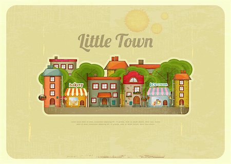 Little Town. Townhouses in a retro Style. Vector Illustration. Stock Photo - Budget Royalty-Free & Subscription, Code: 400-06748468