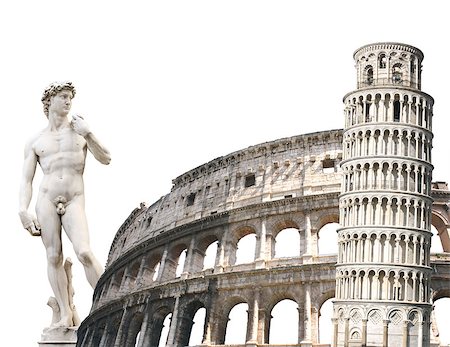 roman towers - Leaning Tower of Pisa, Colosseum and Michelangelo's David. Isolated over white Stock Photo - Budget Royalty-Free & Subscription, Code: 400-06748553