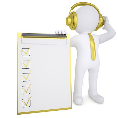 simsearch:400-04842256,k - 3d white man in gold headphones keeps checklist. Isolated render on a white background Photographie de stock - Aubaine LD & Abonnement, Code: 400-06749479