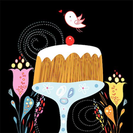 simsearch:400-06694586,k - bright delicious cake and a bird on a black background with flowers Foto de stock - Super Valor sin royalties y Suscripción, Código: 400-06749548