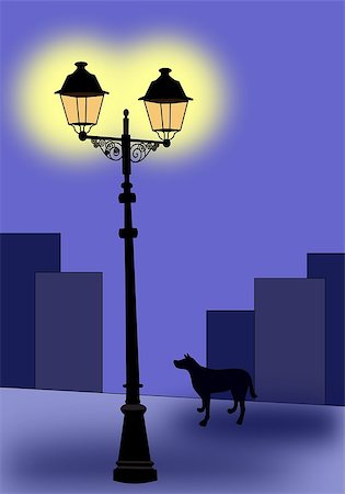deserted street at night - A black dog that     looks     on a lamppost in    a city at night. Stock Photo - Budget Royalty-Free & Subscription, Code: 400-06749882