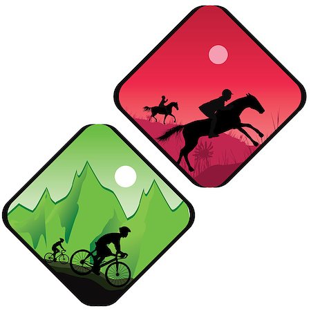 Biker and horse rider silhouette in sunrise.Sport vector concept background. People training Jockey Equestrian Icon Symbol Sign Pictogram. Stock Photo - Budget Royalty-Free & Subscription, Code: 400-06740000