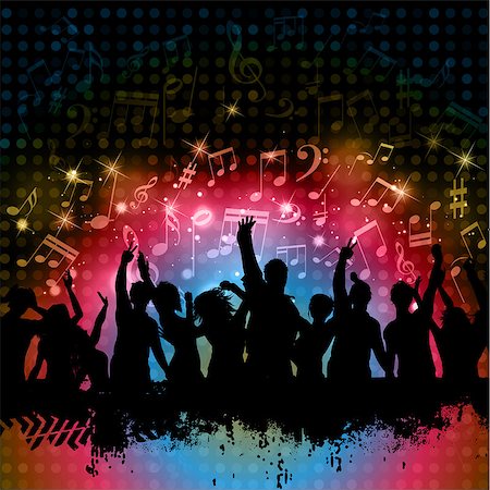 Silhouette of grunge crowd on a music notes background Stock Photo - Budget Royalty-Free & Subscription, Code: 400-06740167