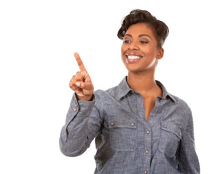 pretty casual black woman pointing with her arm on white background Stock Photo - Budget Royalty-Free & Subscription, Code: 400-06740348