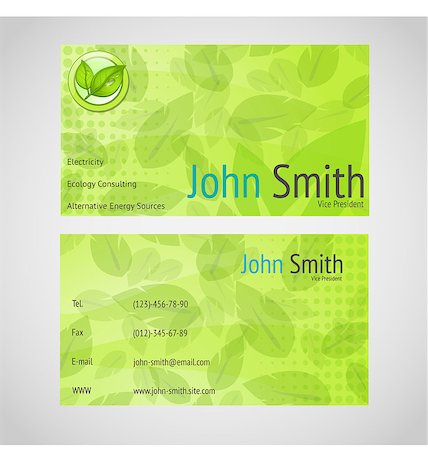 Green business card with standard 90 x 50 mm in green colors and leafs. Stock Photo - Budget Royalty-Free & Subscription, Code: 400-06740398
