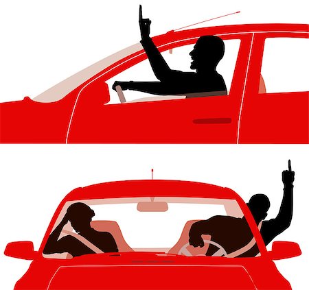Two editable vector illustrations of an angry man in a red car rudely gesturing whilst driving - middle fingers are separate objects easily removed to leave a fist Foto de stock - Royalty-Free Super Valor e Assinatura, Número: 400-06740687