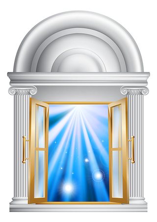 An illustration of an open marble door entrance with blue light on the other side, could be a concept for heaven or the afterlife Stock Photo - Budget Royalty-Free & Subscription, Code: 400-06741532
