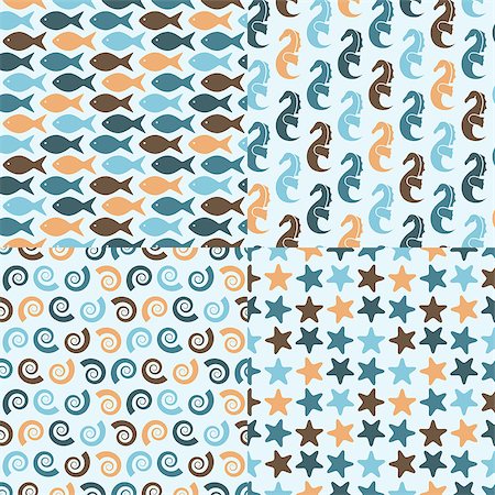 simsearch:400-04393429,k - vector seamless pattern with sea crestures: fishes, sea horses, starfishes and shells, fully editable eps 8 file with clipping masks and patterns in swatch menu Stockbilder - Microstock & Abonnement, Bildnummer: 400-06741860