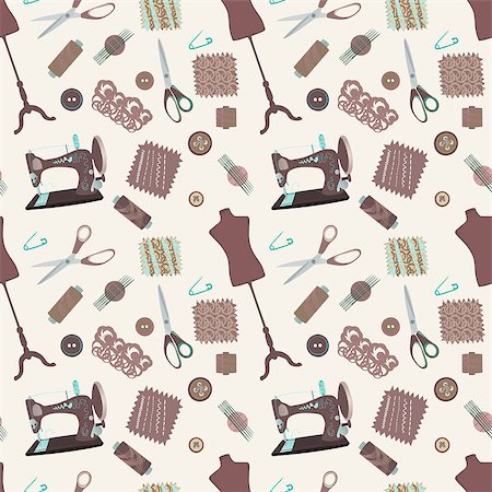 Retro seamless pattern with sewing accessories - sewing tailor and mannequins. Vector Stock Photo - Budget Royalty-Free & Subscription, Code: 400-06741993