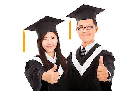 smiling chinese man with cap - happy couple graduate students with thumbs up isolated on white Stock Photo - Budget Royalty-Free & Subscription, Code: 400-06742825