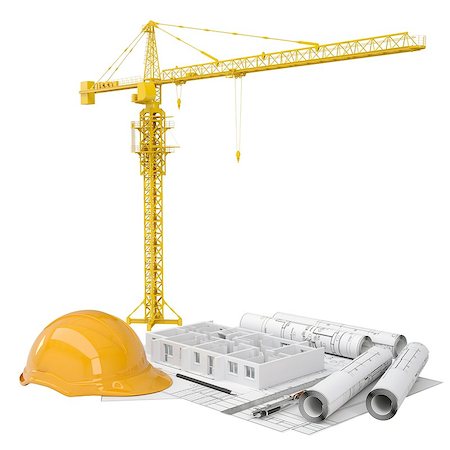 Drawings, tower crane, a helmet and a house under construction. Isolated render on a white background Stock Photo - Budget Royalty-Free & Subscription, Code: 400-06743273