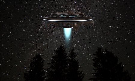 science fantasy - ufo spaceship flying over a forest in the night Stock Photo - Budget Royalty-Free & Subscription, Code: 400-06743835