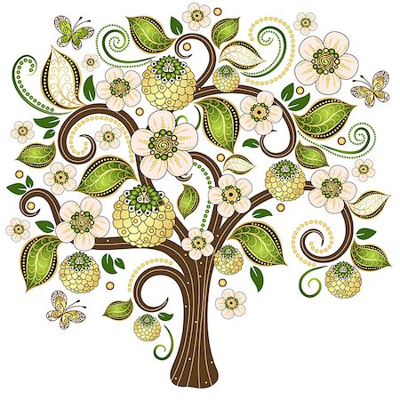 simsearch:400-04239996,k - Spring isolated tree on a white with gold and green  leaves,  flowers and butterflies (vector) Photographie de stock - Aubaine LD & Abonnement, Code: 400-06743836