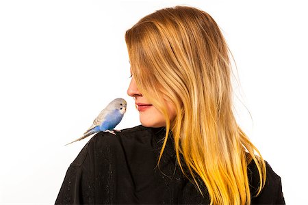 simsearch:400-06758392,k - Friendly parakeet sitting on a womans shoulder Photographie de stock - Aubaine LD & Abonnement, Code: 400-06758394