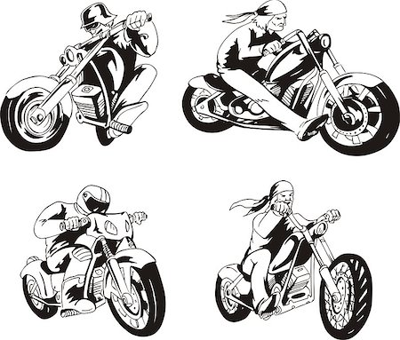 simsearch:400-08498522,k - Vector set of bikers on motorcycles. Black and white sketches. Photographie de stock - Aubaine LD & Abonnement, Code: 400-06758984