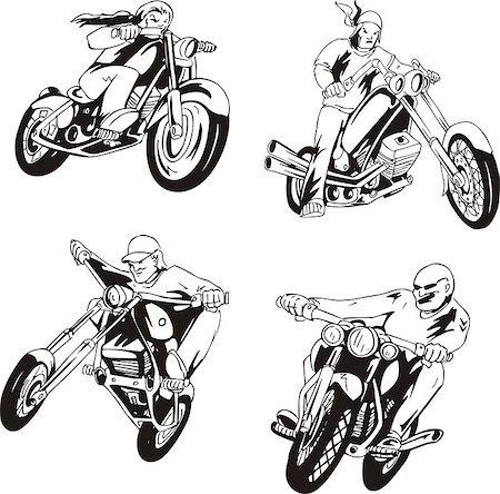 simsearch:400-05737063,k - Vector set of bikers on motorcycles. Black and white sketches. Stock Photo - Budget Royalty-Free & Subscription, Code: 400-06758982