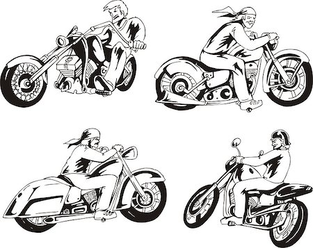 simsearch:400-08498522,k - Vector set of bikers on motorcycles. Black and white sketches. Photographie de stock - Aubaine LD & Abonnement, Code: 400-06758983