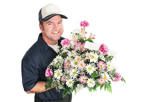 simsearch:400-03967457,k - Flower delivery man holding a beautiful mothers day bouquet.  Isolated on white. Foto de stock - Royalty-Free Super Valor e Assinatura, Número: 400-06759358
