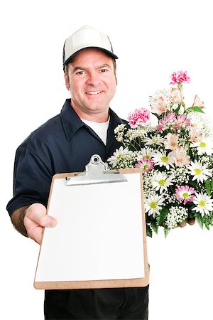 simsearch:400-03967457,k - Delivery man from florist carrying a bouquet of flowers and a message for you on a clipboard.  Isolated on white.  Blank paper ready for text. Foto de stock - Royalty-Free Super Valor e Assinatura, Número: 400-06759360