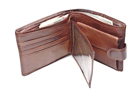 simsearch:400-06921414,k - Brown leather wallet with money isolated on white Photographie de stock - Aubaine LD & Abonnement, Code: 400-06759872