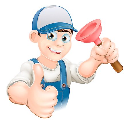 engineers hat cartoon - Cartoon of a man in work gear giving a thumbs up and holding a plunger. Perhaps a plumber. Stock Photo - Budget Royalty-Free & Subscription, Code: 400-06750384