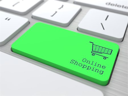 Online Shopping Concept. Button on Green Modern Computer Keyboard. 3D Render. Stock Photo - Budget Royalty-Free & Subscription, Code: 400-06751142
