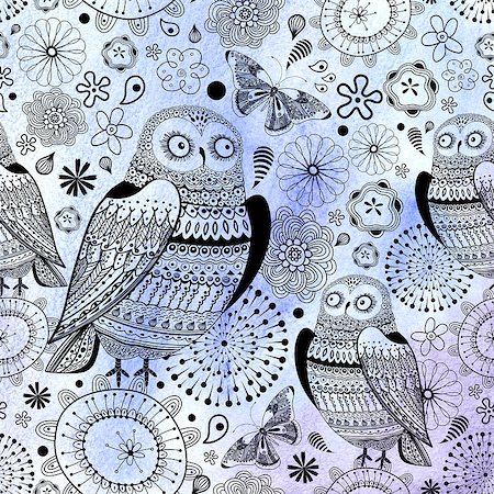 pattern art owl - Seamless graphic pattern of the beautiful owls and butterflies on a blue background Stock Photo - Budget Royalty-Free & Subscription, Code: 400-06751232