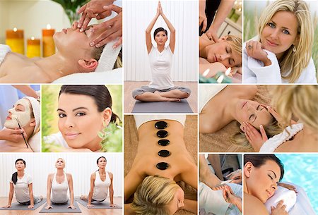 Montage of young beautiful women relaxing, having massage treatments and exercising at a health and beauty spa Stock Photo - Budget Royalty-Free & Subscription, Code: 400-06751711