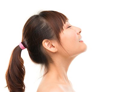 Asian skincare woman side view deep breath refreshing, skin care concept. Facial close up of beautiful mixed race Asian. Girl isolated on white background Stock Photo - Budget Royalty-Free & Subscription, Code: 400-06752022