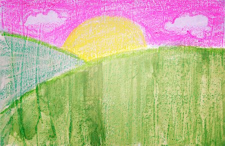 Sunset behind green hills from tempera, crayon and watercolor Photographie de stock - Aubaine LD & Abonnement, Code: 400-06764040