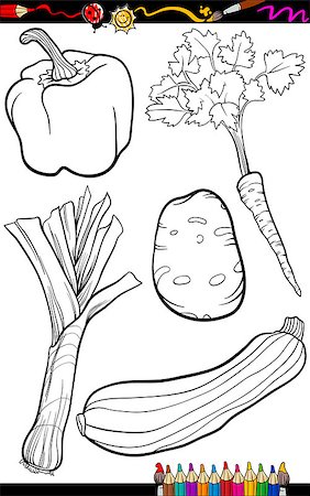 simsearch:400-06764427,k - Coloring Book or Page Cartoon Illustration of Black and White Vegetables Food Objects Set Fotografie stock - Microstock e Abbonamento, Codice: 400-06764425